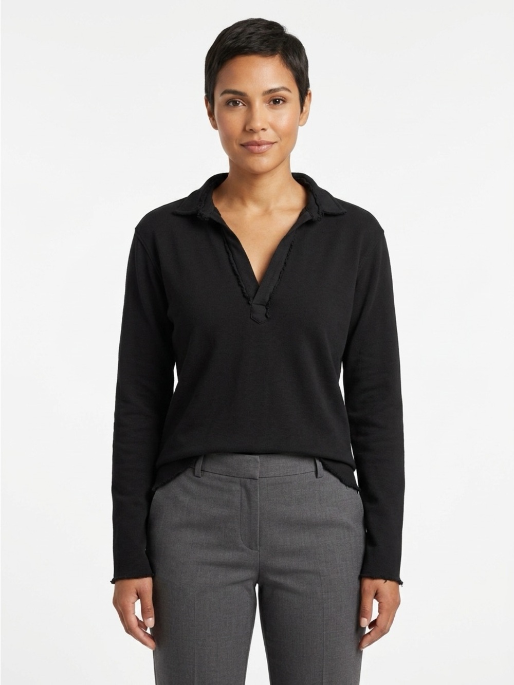 Frank & Eileen V-Neck Polo Pullover Sweatshirt Raw Edge Cotton Black Medium